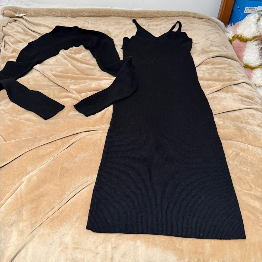 Leith 2 piece Black Ribbed Dress & Sweater Set Women’s Medium